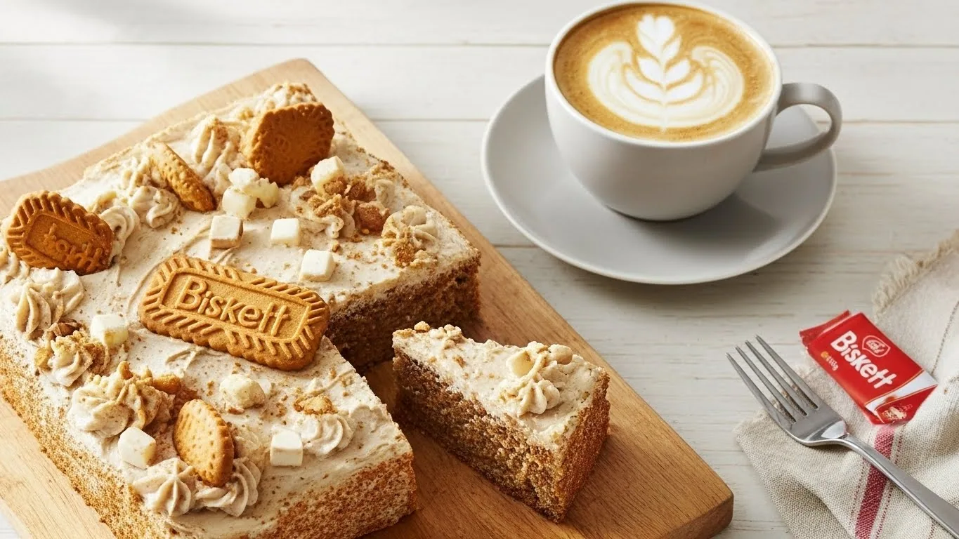 Cake decorated with Biskett biscuits next to a cappuccino