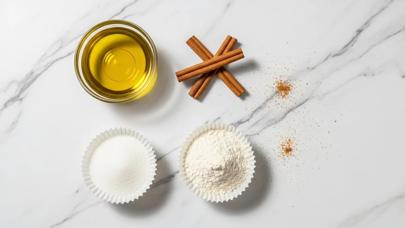 Oil, cinnamon sticks, sugar and flour on a marble surface