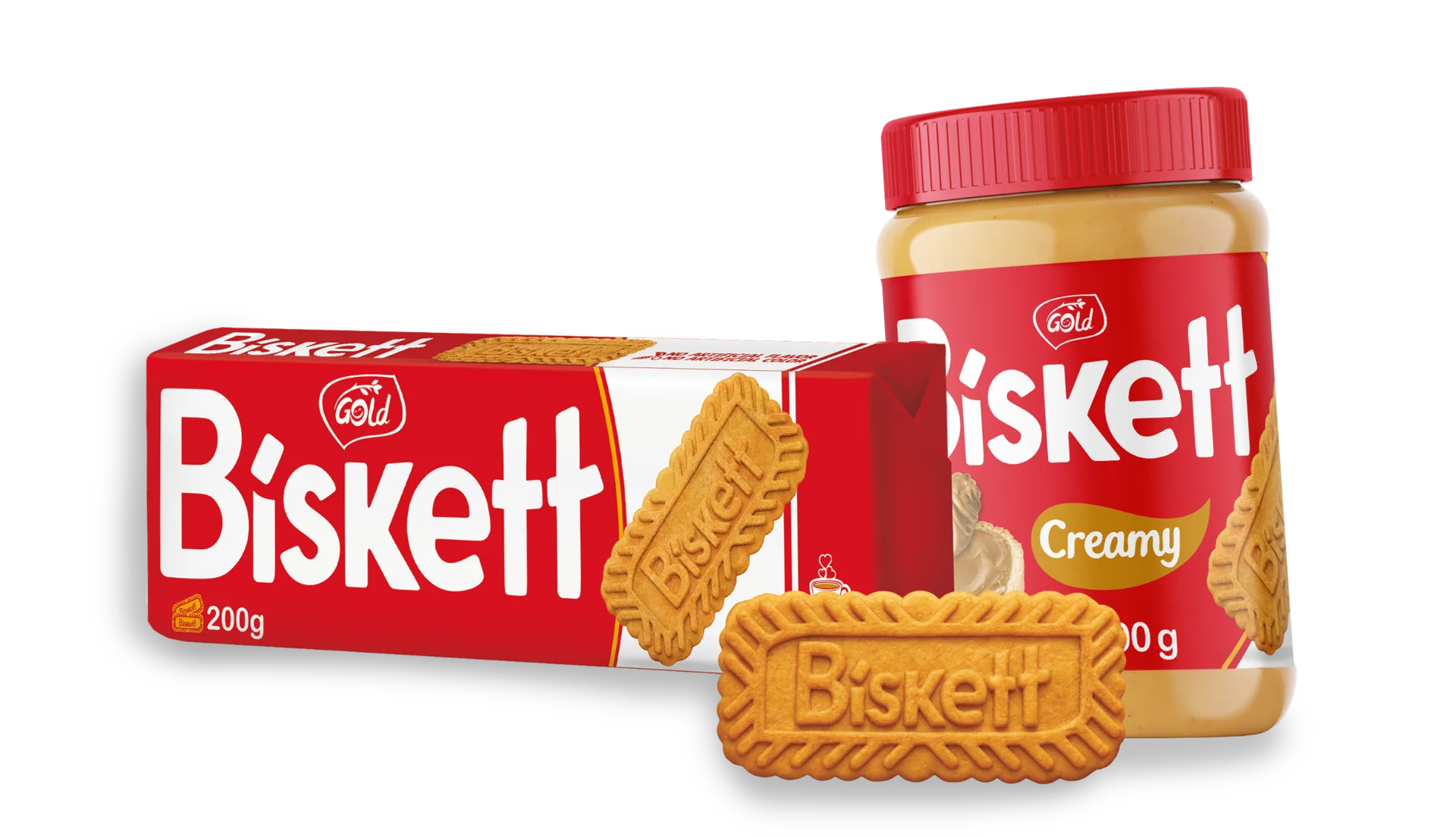 Biskett creamy jar next to a 200 g pack and a biscuit