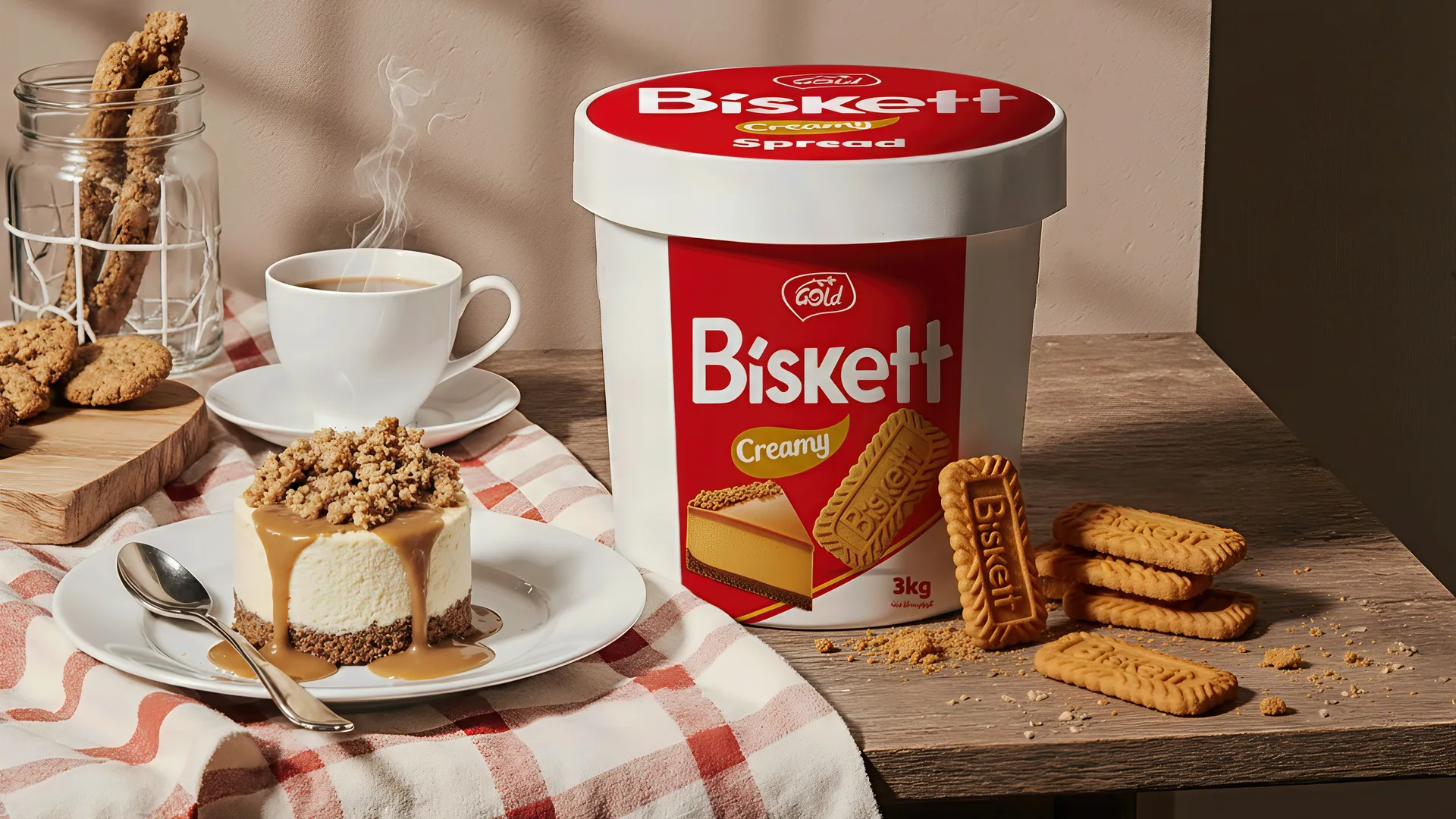 A dessert topped with caramelised biscuit crumbs next to a cup of tea